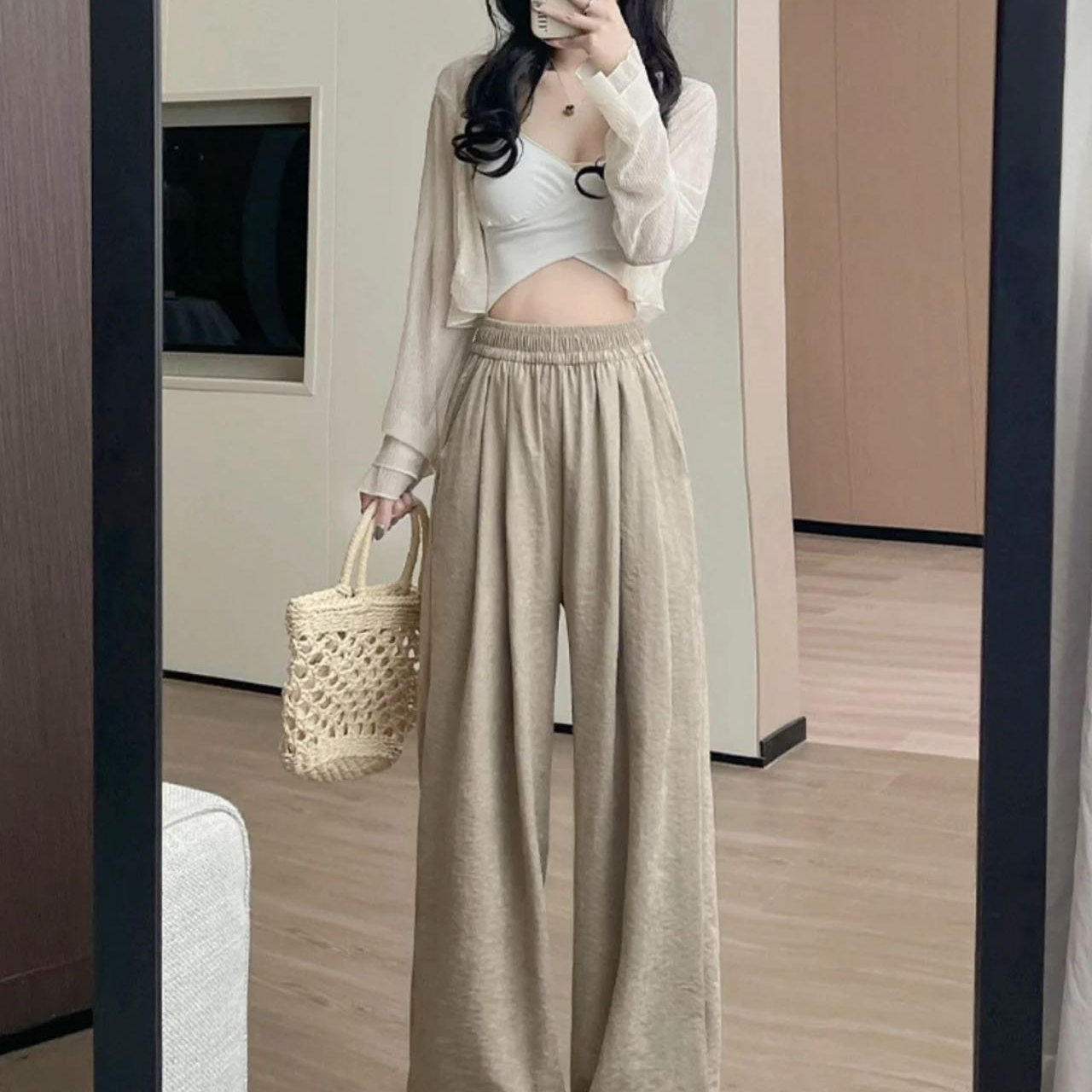 2026新款慵懒休闲风宽松肌理感阔腿裤奶芙山本裤有口袋L3