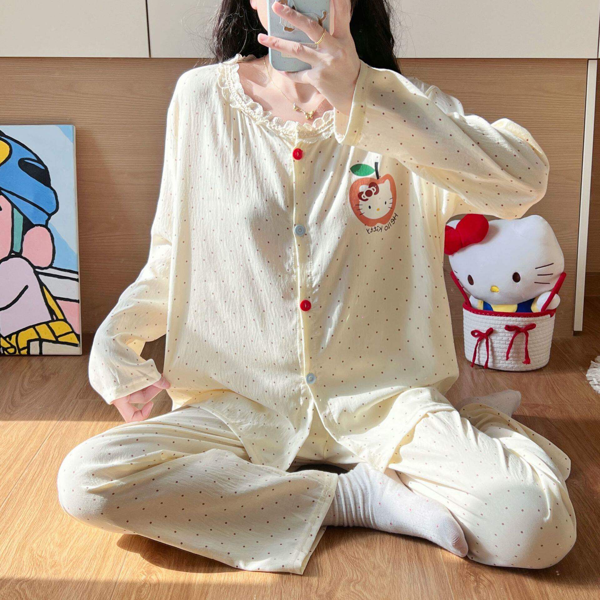 2026爆款睡衣女长袖长裤云朵棉花边圆领开衫甜美家居服套装ak