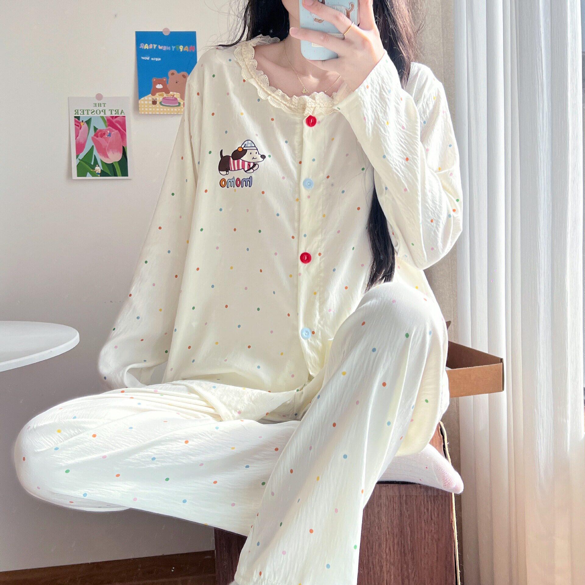 2026爆款睡衣女长袖长裤云朵棉花边圆领开衫甜美家居服套装ak