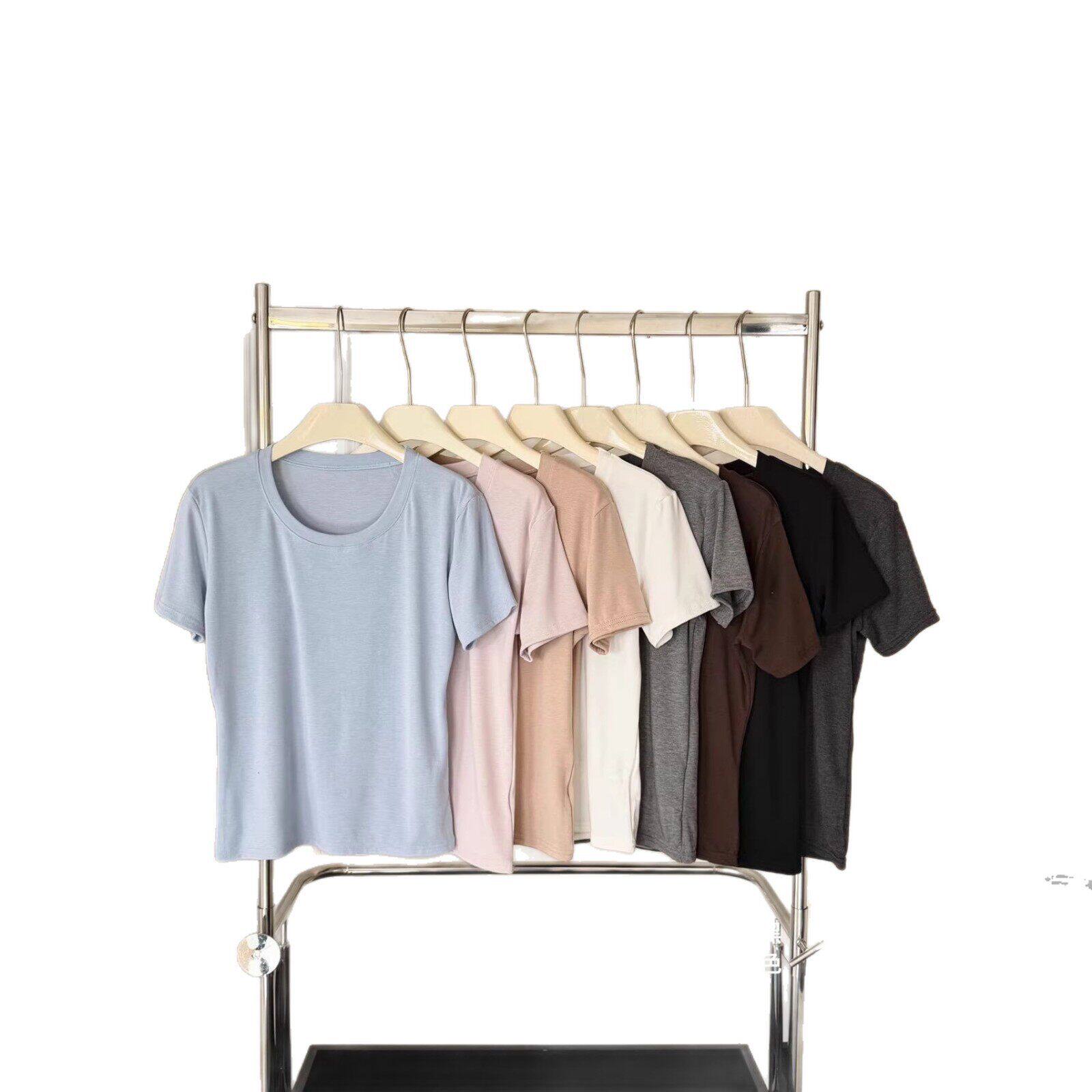 莱赛尔短袖T恤女圆领修身百搭通勤简约纯色上衣夏季新款L1