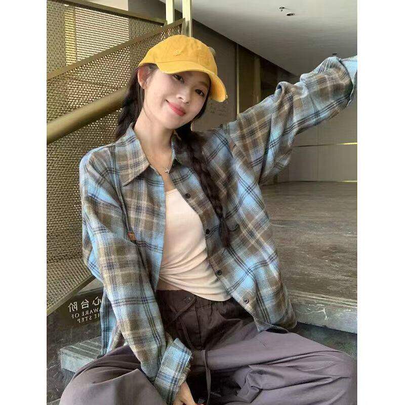 【新款】韩版hiphop撞色格子长袖衬衫宽松慵懒风百搭外套bx