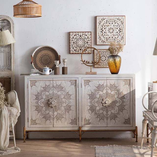 American retro carved porch cabinet sofa side cabinet storage cabinet solid wood side cabinet white decorative cabinet storage cabinet