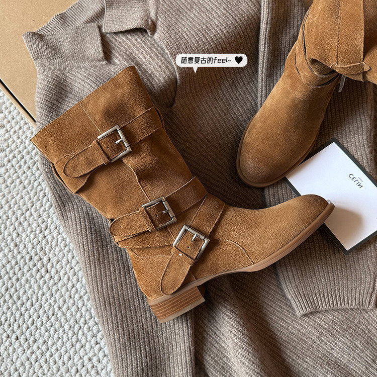 2025秋冬复古复古皮带扣粗跟堆堆西部牛仔靴高筒骑士靴棕色长筒,淘宝优惠券,粉丝福利购,淘宝优惠卷