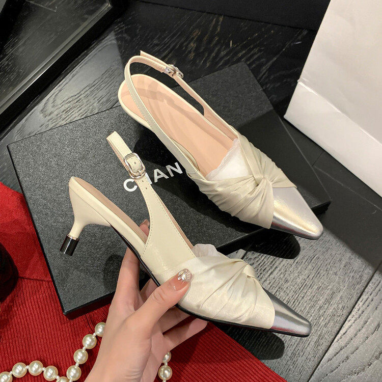 2024新款法式温柔～！拼色猫跟交叉带高跟包头细跟凉鞋女夏季,淘宝优惠券,粉丝福利购,淘宝优惠卷