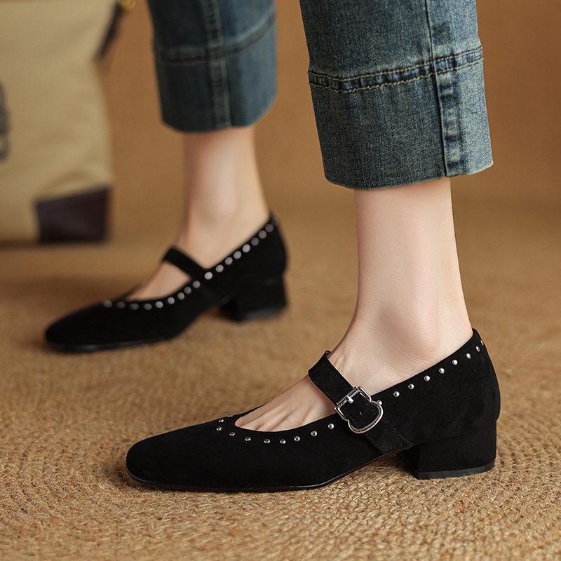 复古粗跟玛丽珍鞋女春秋季磨砂羊皮圆头一字扣带铆钉中跟浅口单鞋,淘宝优惠券,粉丝福利购,淘宝优惠卷