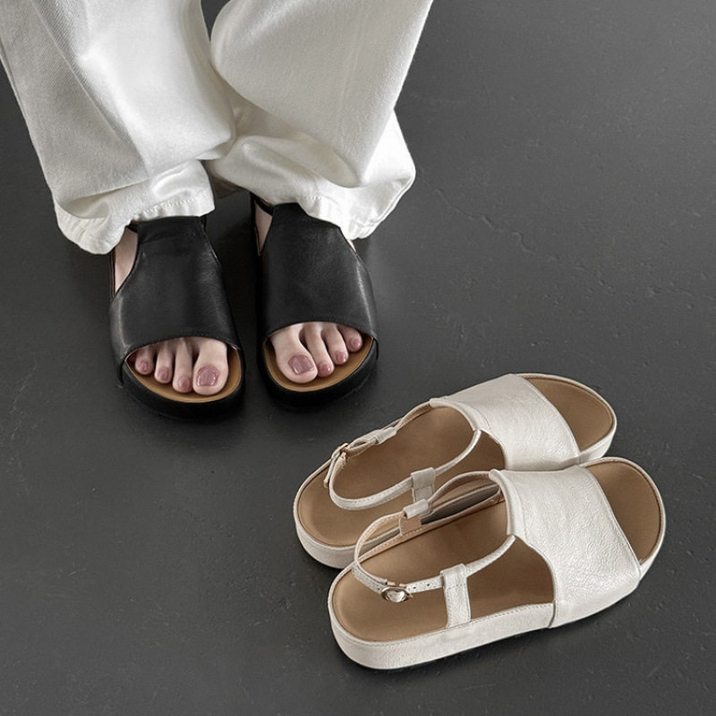 3cm~超好看厚底凉鞋女夏季2025新款真皮黑色圆头镂空罗马平底女鞋,淘宝优惠券,粉丝福利购,淘宝优惠卷