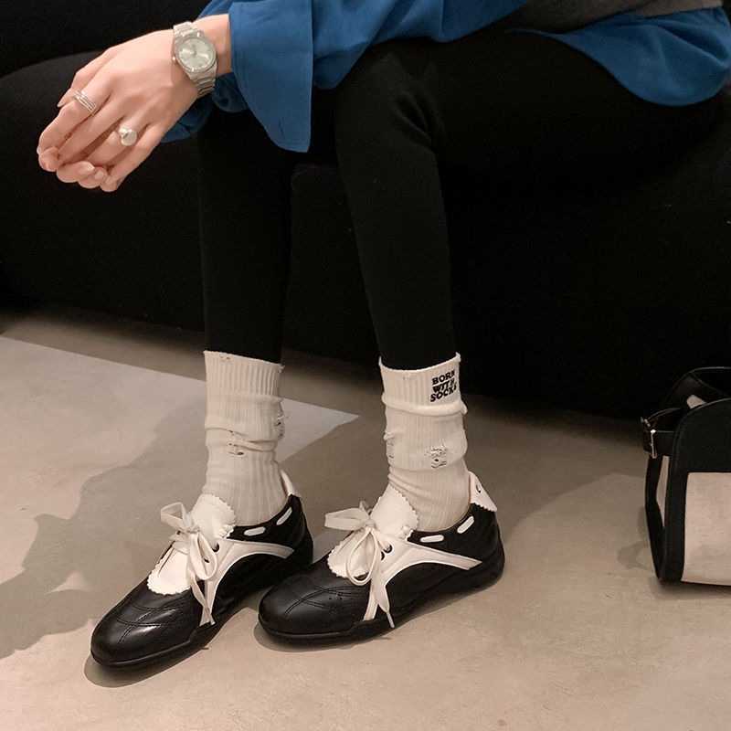 博主标配羊反绒面拼色德训鞋2025春中跟真皮内增高运动休闲单鞋女 - 图2