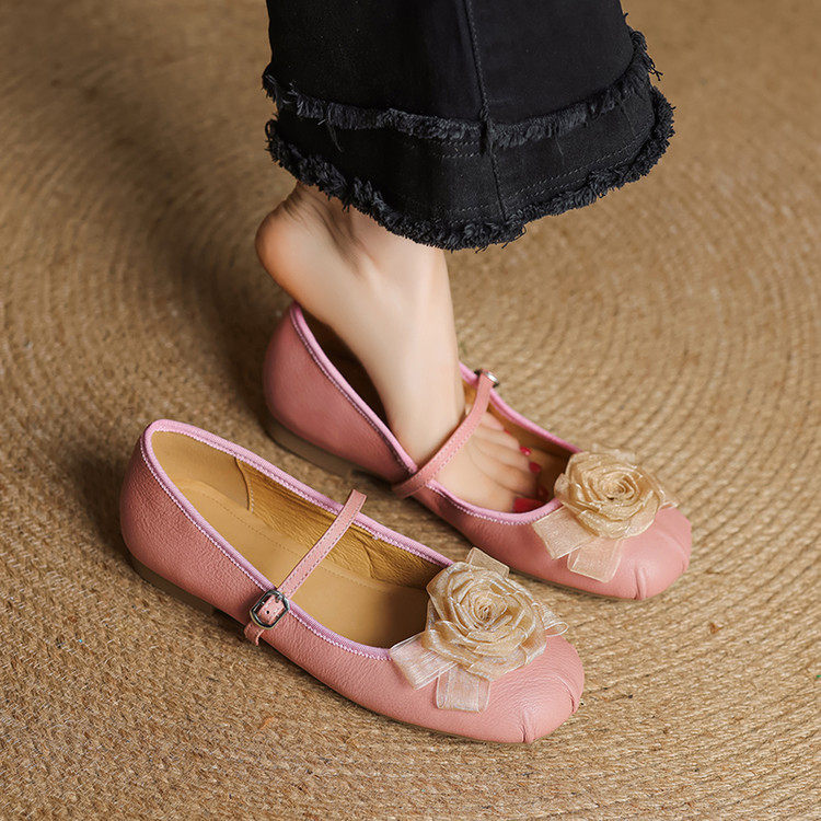 清新魔法~法式浅口芭蕾鞋2025新款软皮花朵牛皮平底圆头单鞋女,淘宝优惠券,粉丝福利购,淘宝优惠卷