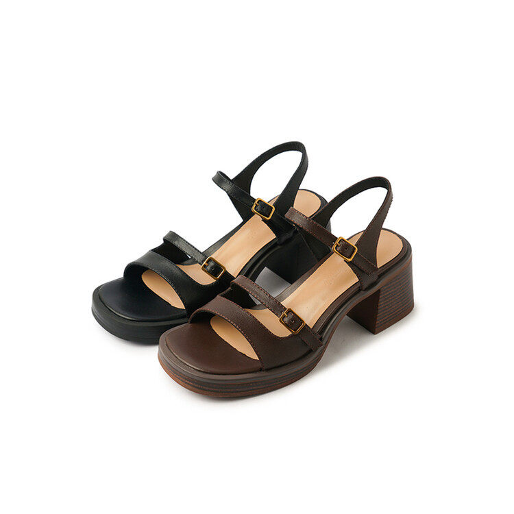 2023新款高跟一字扣带露趾凉鞋百搭复古全牛皮棕色夏季粗跟女鞋潮,淘宝优惠券,粉丝福利购,淘宝优惠卷