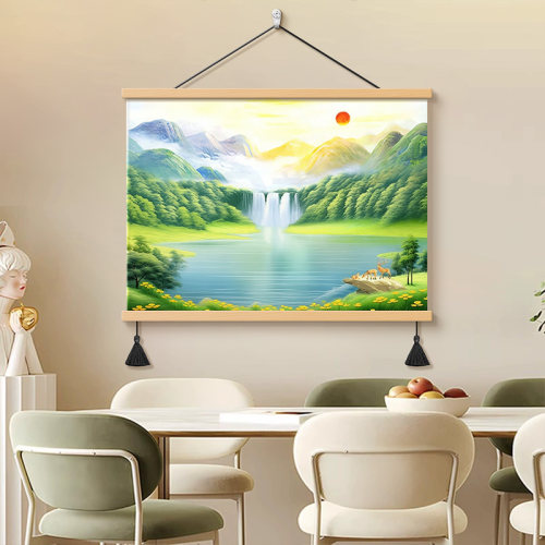 现代流水生财山水风景画餐厅背景墙装饰画旭日东升挂画聚宝盆壁画 - 图0