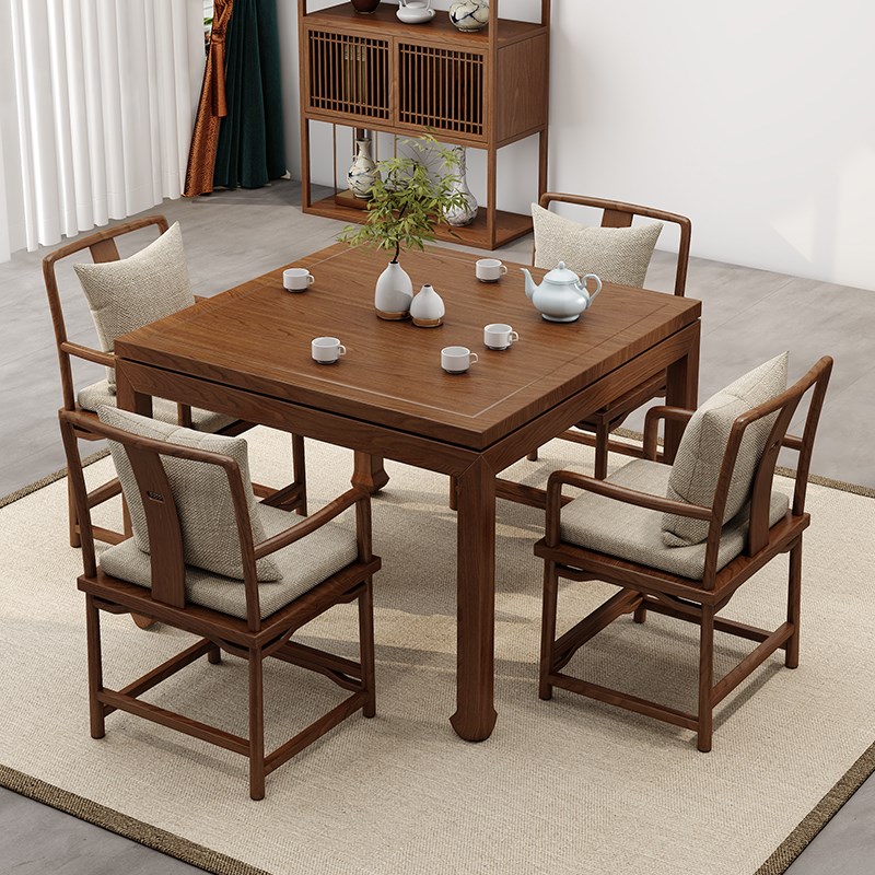 新中式实木方桌餐桌椅组合老w榆木八仙桌棋牌四方茶桌正方形茶馆 - 图1