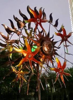 外贸欧轮美#21转风能动新户外花款园草坪插件带灯太阳神旋大风车