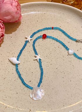 度假风海边蓝色串珠海星项链饰品