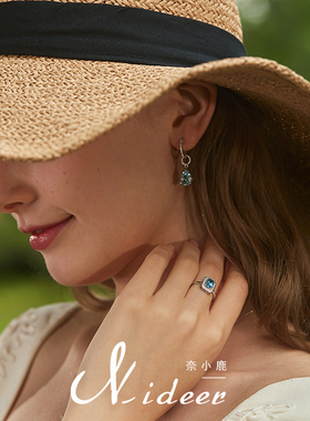 奈小鹿天然托帕石开口戒指女纯银轻奢瑞士蓝首饰精致复古礼物