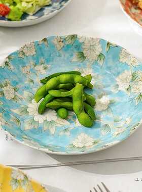 日式釉下彩盘子家用大号菜盘创意网红水果盘零食摆盘无