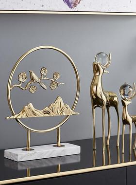 新中式铜鹿屏风摆件入户玄关招财家居乔迁礼物精致饰品天然大理石