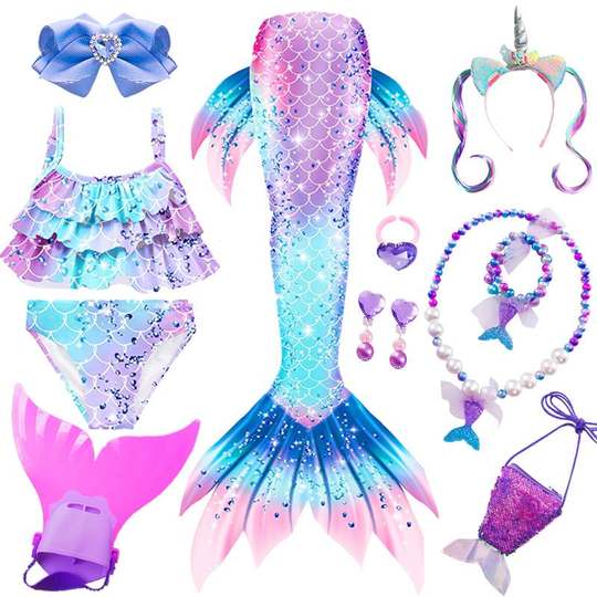 儿童美人鱼尾巴泳衣夏三件套大中小女童公主裙比基尼分体温泉泳装