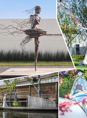 不锈钢镜面抽象艺术人物雕塑定制别墅庭院景观水景发光金属摆件