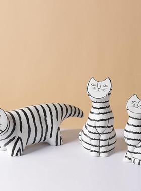现代北欧意式极简卡通黑白条纹陶瓷平脸猫摆件家居样板房软装饰品