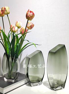 艺现代花灰色斜口玻璃花瓶摆件家居样板房客厅茶台1220面插几工品