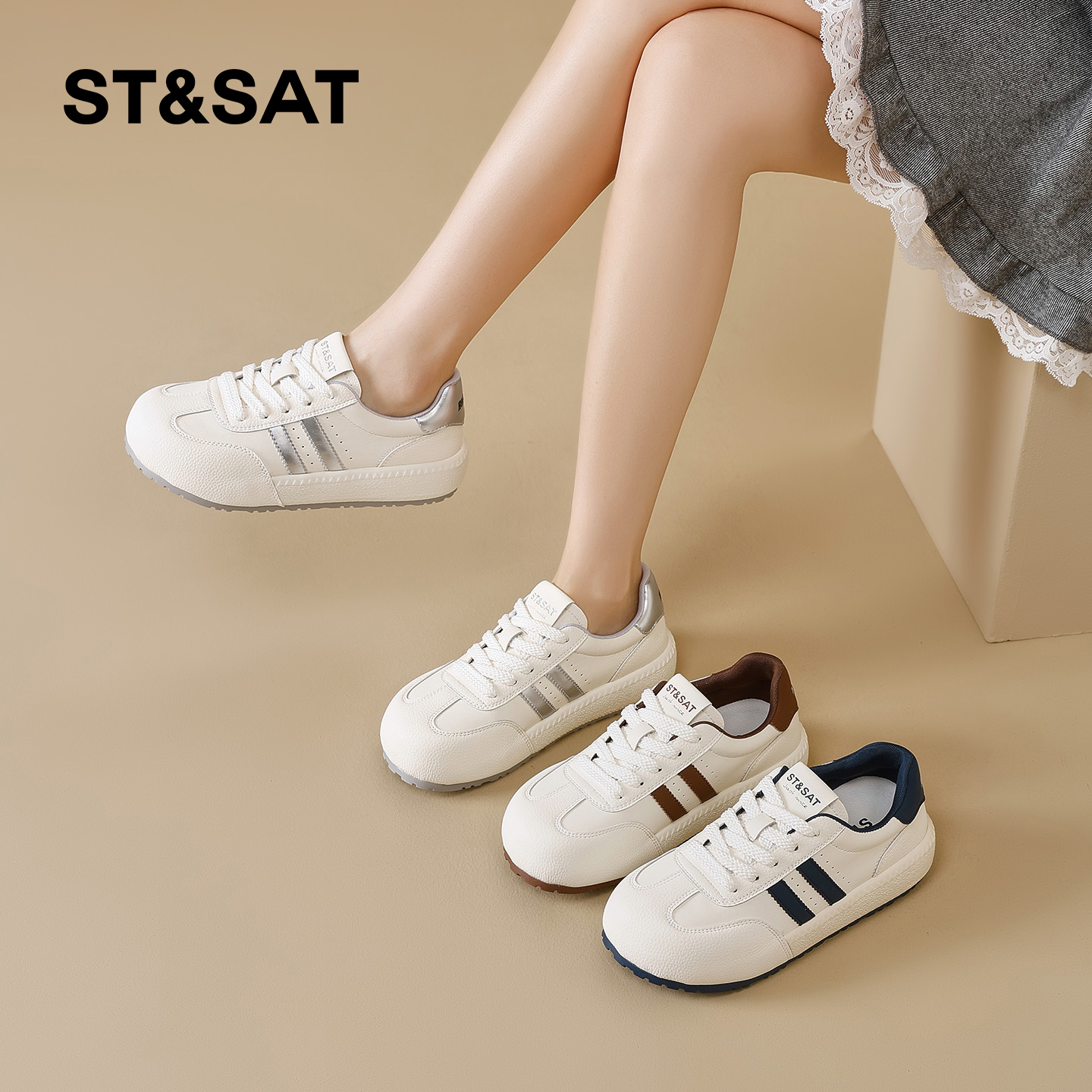 星期六德训鞋女2025秋季新款女鞋女款爆款鞋子厚底增高白鞋小白鞋 - 图0