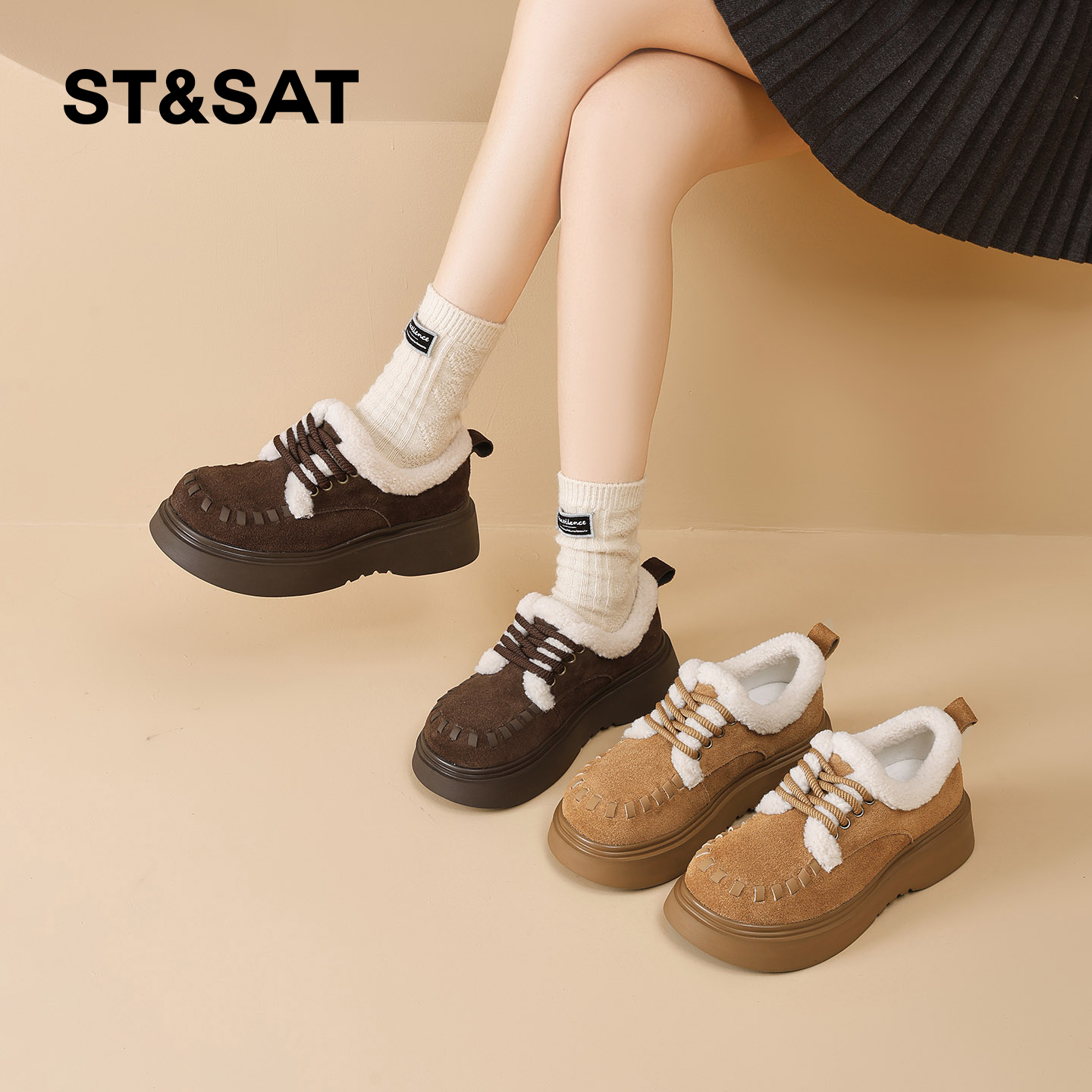 星期六勃肯鞋女冬2025冬季新款女鞋女款毛绒厚底加绒加厚保暖棉鞋 - 图0