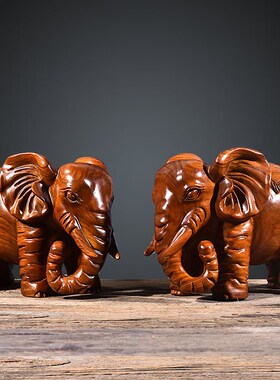 黄花梨木雕大象摆件一对实木木头仿古小象工艺品家居W装饰吉祥摆