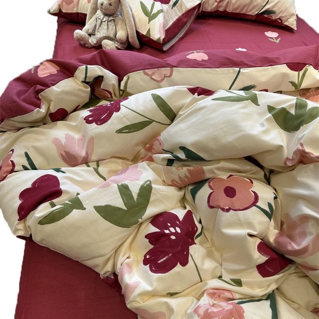 American pastoral colorful small flower thickened and furred four-piece set cotton 1.5m1.8 quilt cover single warm autumn and winter