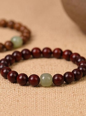 小叶紫檀玉石顶珠单圈手串男女黑檀木佛珠金丝檀木复古民族风