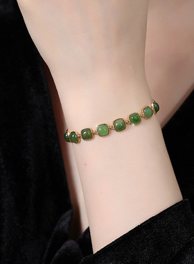 天然老料和田玉碧玉蛋面手链S925银镶手链玉石红玛瑙女款时尚