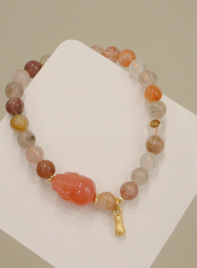 圆形玛瑙手串新款女水晶柿子天然貔貅彩发晶手链盐源手串新中式