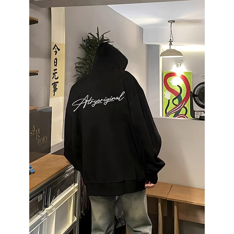 500g重磅美式黑色卫衣外套男生秋季穿搭oversize潮牌高级感连帽衫