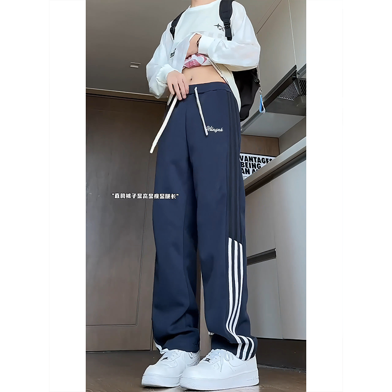 藏青色重磅卫裤男款秋冬加绒加厚三条杠裤子美式复古运动休闲长裤