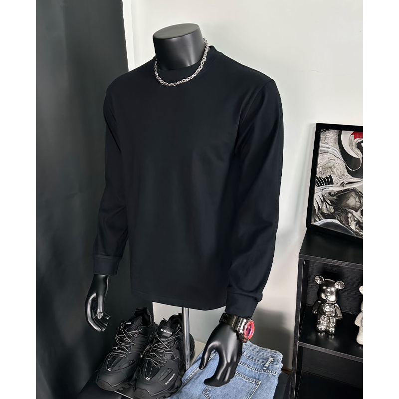 纯黑色小领口长袖t恤男秋冬季美式高级感卫衣cleanfit内搭打底衫