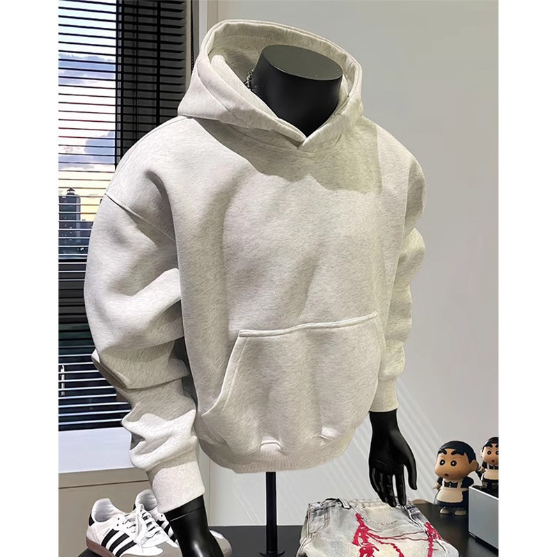 白灰色短宽boxy卫衣男连帽秋冬加绒加厚cleanfit外套重磅硬挺帽衫