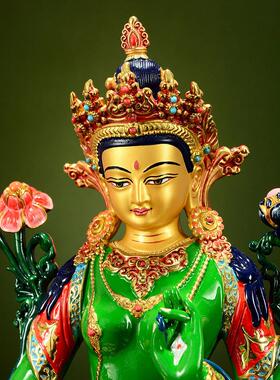 绿色度母铜像室内家居台湾铜彩绘现代桌面八难度字母客厅装饰