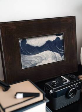 牛仔蓝氛围感中古海浪日式浮世绘哑光油布客厅餐厅装饰挂画实木框