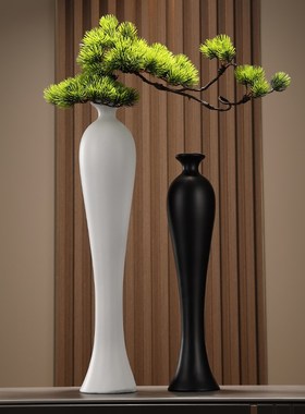 入户门玄关造景客客厅电视柜迎客松花瓶摆件细长S竖高档装饰工艺