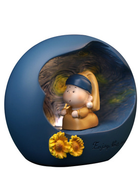 月半胖艺术家发光小夜灯梵高女生日礼物桌面车载可爱车内摆件