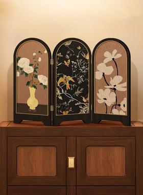 新中式中古风飞鸟屏风桌面摆件茶桌家居装饰品覆古艺术客厅摆画
