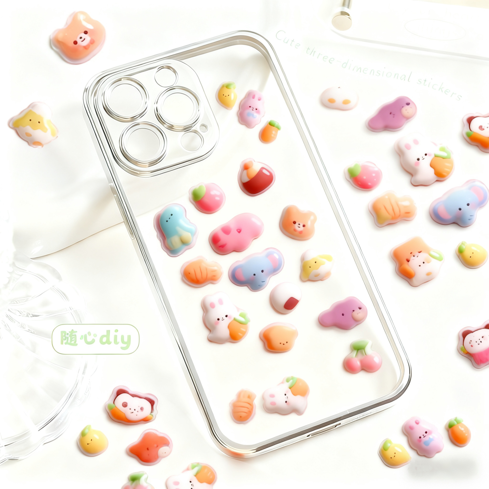 儿童贴纸女孩3d立体浮雕贴卡通动物宝石水晶贴高透明贴纸可爱咕卡贴画玩具趣味手账素材手机壳DIY装饰小图案 - 图3