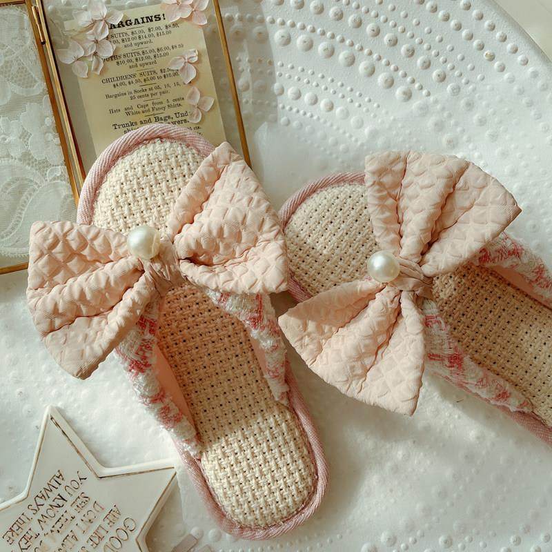 小香风复古褶皱蝴蝶结亚麻家居凉拖鞋女士春夏季室内防滑居家鞋女,淘宝优惠券,粉丝福利购,淘宝优惠卷