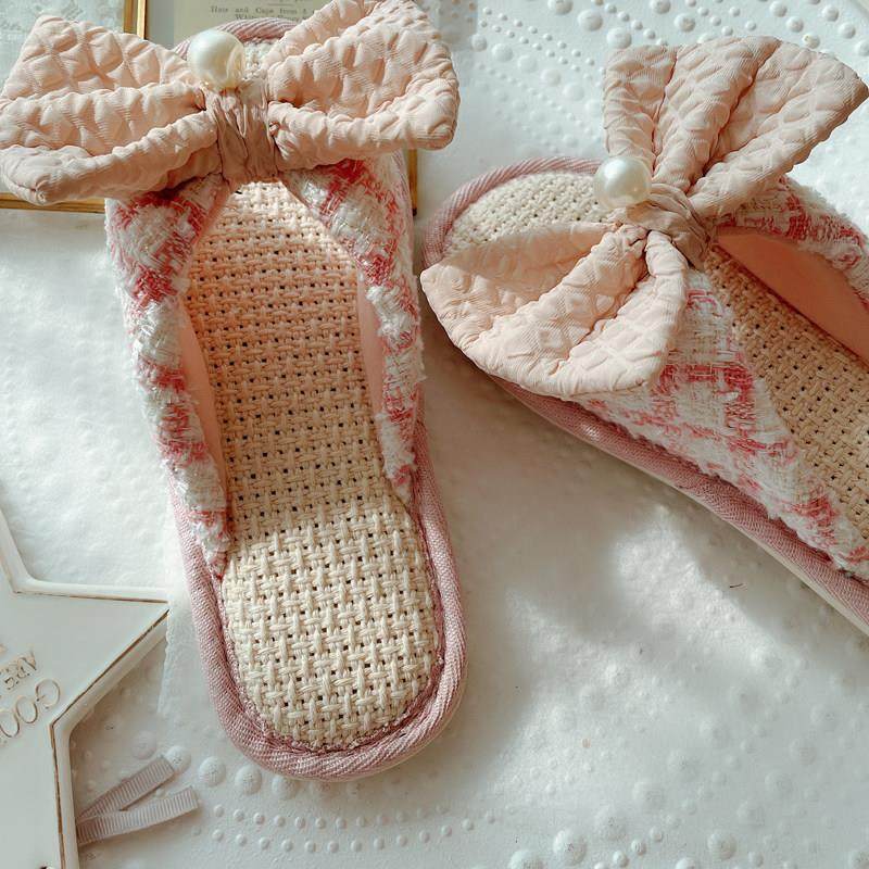 小香风复古褶皱蝴蝶结亚麻家居凉拖鞋女士春夏季室内防滑居家鞋女,淘宝优惠券,粉丝福利购,淘宝优惠卷