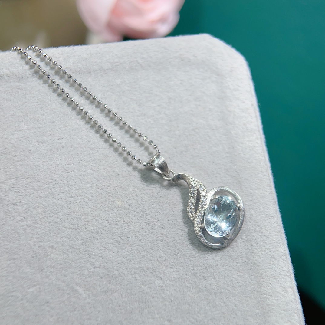 【地质大学珠宝】天然海蓝宝吊坠项链女925银镶嵌水灵灵 - 图0