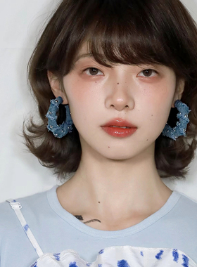 西迟C型缠绕牛仔风铆钉耳环美式复古风耳坠耳夹