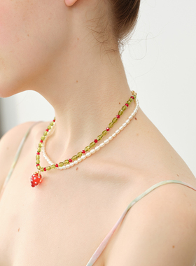 西迟双层叠戴草莓珍珠水晶项链