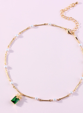 墨绿珍珠项链油画少女颈链锁骨链新款首饰百搭气质女小众设计项链