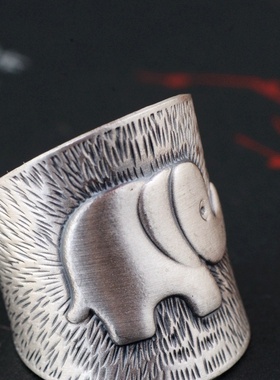 复古做旧99足银大象戒指潮流男女款开口泰银窄宽边时尚复古饰品