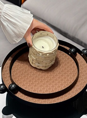 2025新款北欧风轻奢铁艺皮革装饰托盘客厅家居储物藤格纹皮革盘