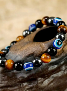 2025新款跨境黑曜石虎眼石潮流邪恶之眼手链男女单圈时尚饰品
